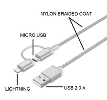Load image into Gallery viewer, 2 in 1 usb to lightning and micro usb data sync charge cable silver 1m | marketzone christchurch