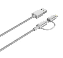 Load image into Gallery viewer, 2 in 1 usb to lightning and micro usb data sync charge cable silver 1m | marketzone christchurch