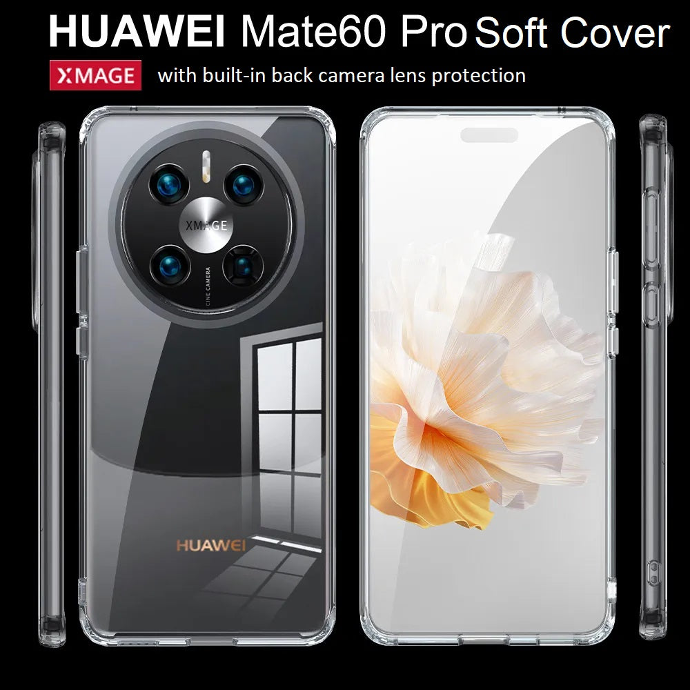 For Huawei Mate 60 Pro Premium Soft Silicone TPU Clear Shockproof Back Cover With Built In Lens Protection