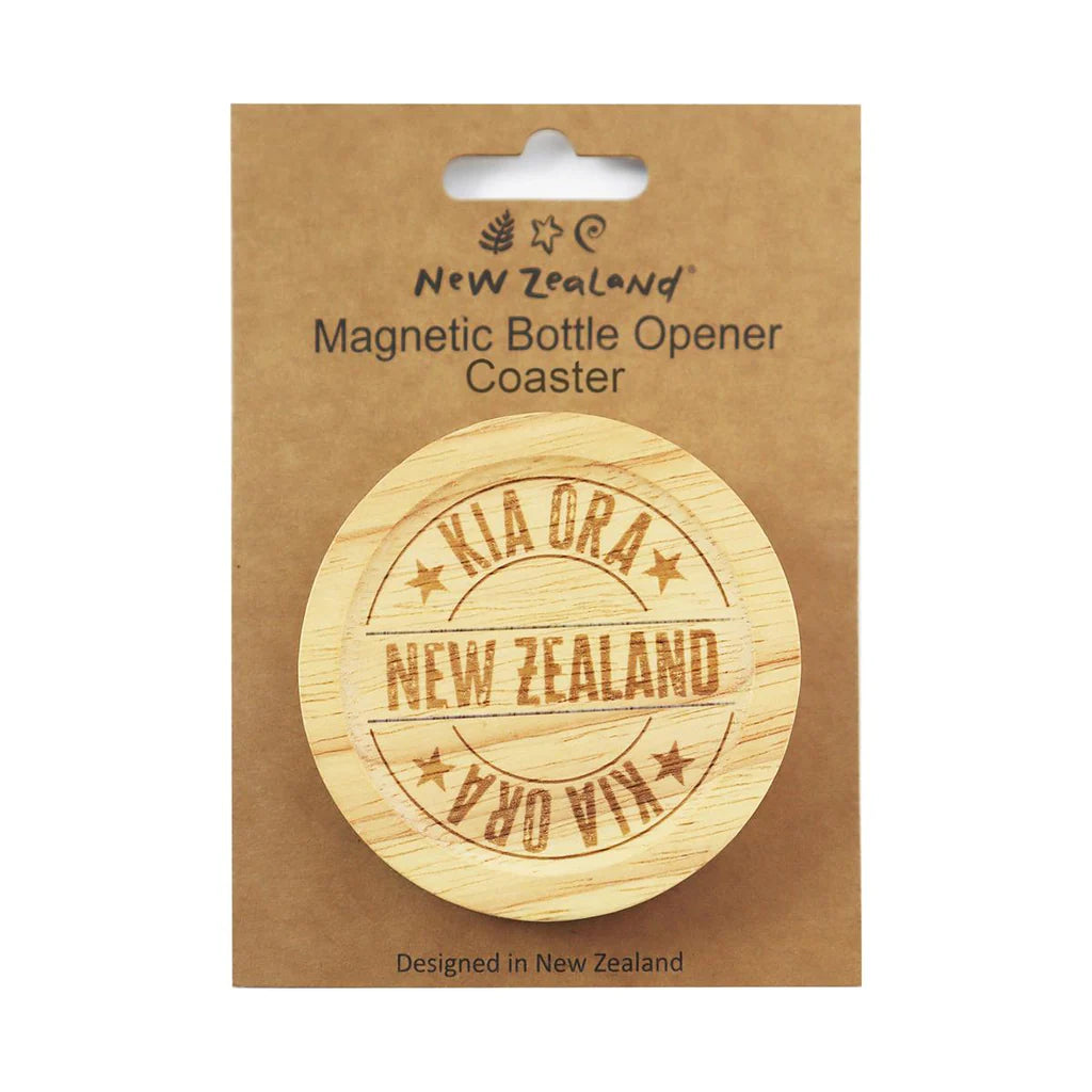 New Zealand Kia Ora Magnetic Bottle Opener Bamboo Coaster 8cm - NZ Fridge Magnet Souvenir