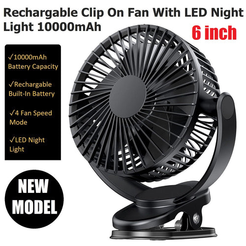 10000mah high capacity rechargeable clip on fan with led light 4 fan speed mode | marketzone christchurch