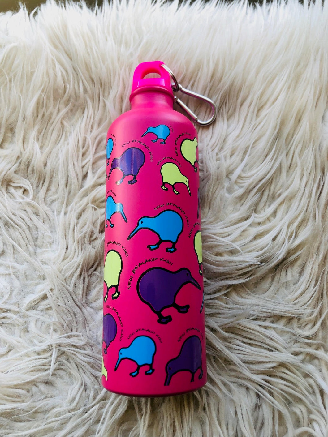 stainless steel kiwi drink water bottle with carabiner clip 705ml pink nz souvenir | marketzone christchurch