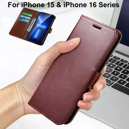 iphone 15 / 16 series pu leather flip wallet cover with lens protection | marketzone christchurch
