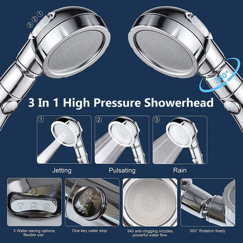 3 in 1 multi mode high pressure shower head 360 degrees rotating head | marketzone christchurch