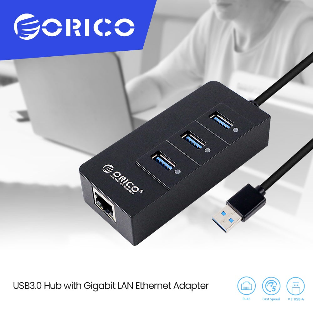 orico 3-port usb hub with rj45 10/100/1000 gigabit lan port network adapter black | marketzone christchurch