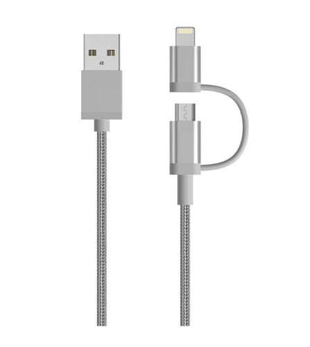 2 in 1 usb to lightning and micro usb data sync  charge cable silver 1m | marketzone christchurch