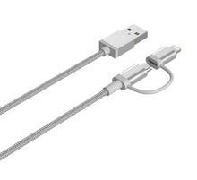 Load image into Gallery viewer, 2 in 1 usb to lightning and micro usb data sync  charge cable silver 1m | marketzone christchurch
